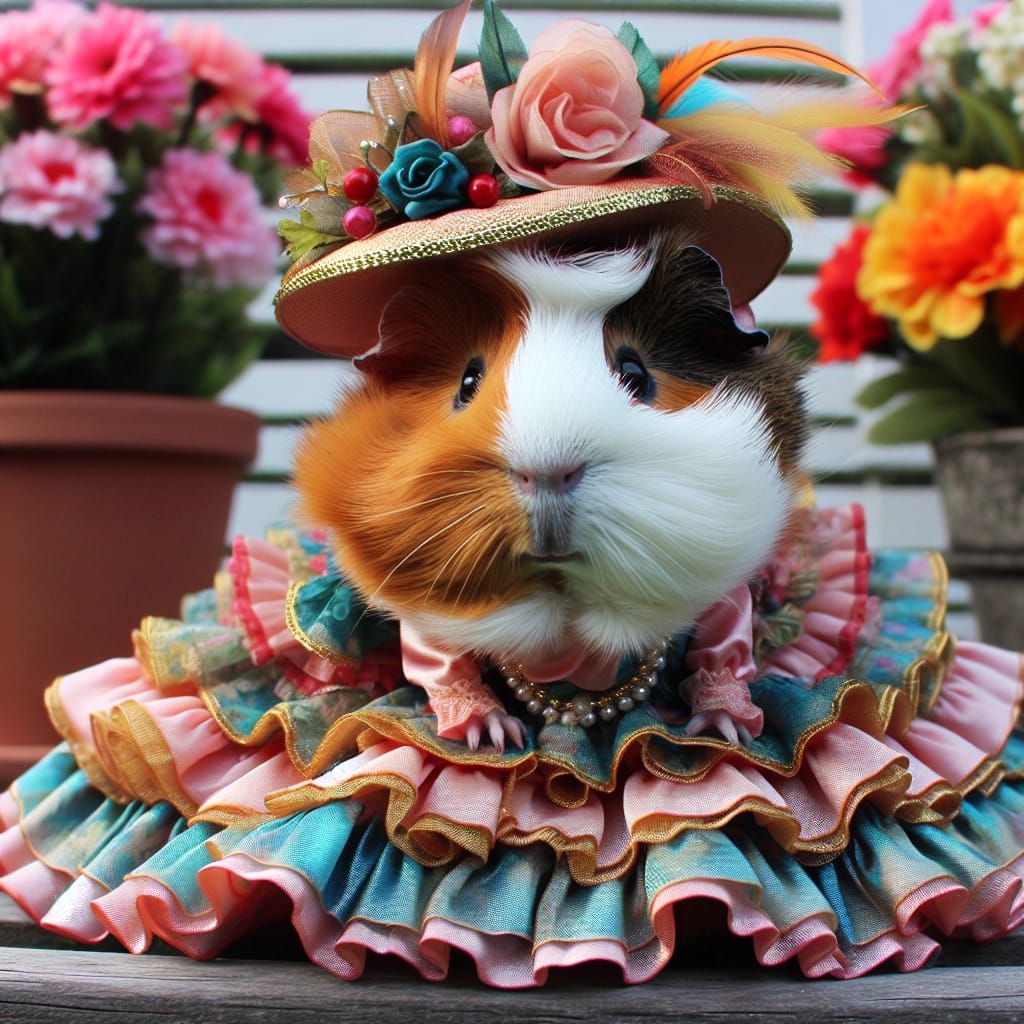 Fluffy, cute,  guinea pig dressed as a southern belle