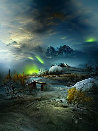 Arctic Landscape at Night, with Northern Lights