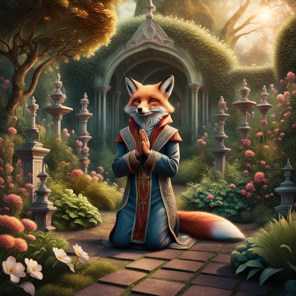 Anthropomorphic Fox praying in a garden