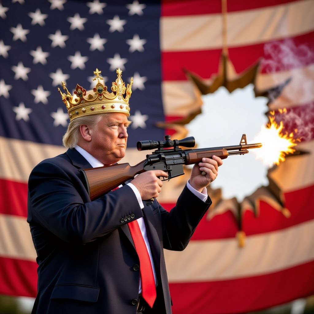Trump shoots a hole in the American flag Trump is wearing a crown.