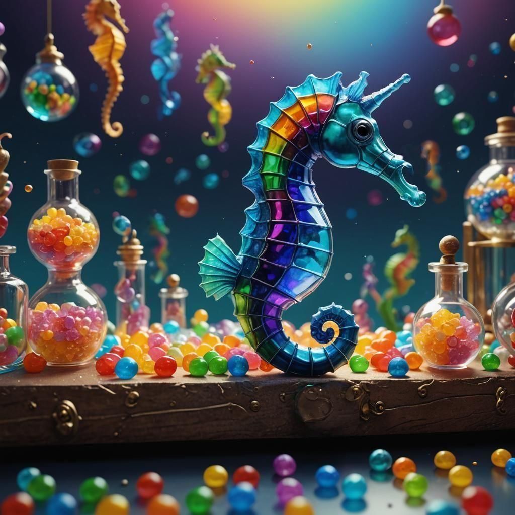 Rainbow glass vials with seahorse eating gumdrops at children’s science laboratory.