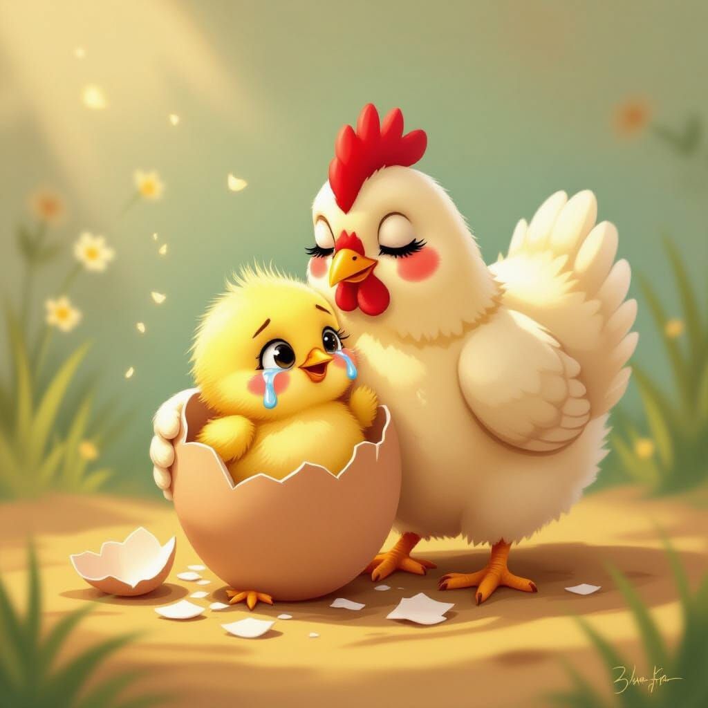 Tender Moment: Chick Hatches, Embraced by Mother Hen