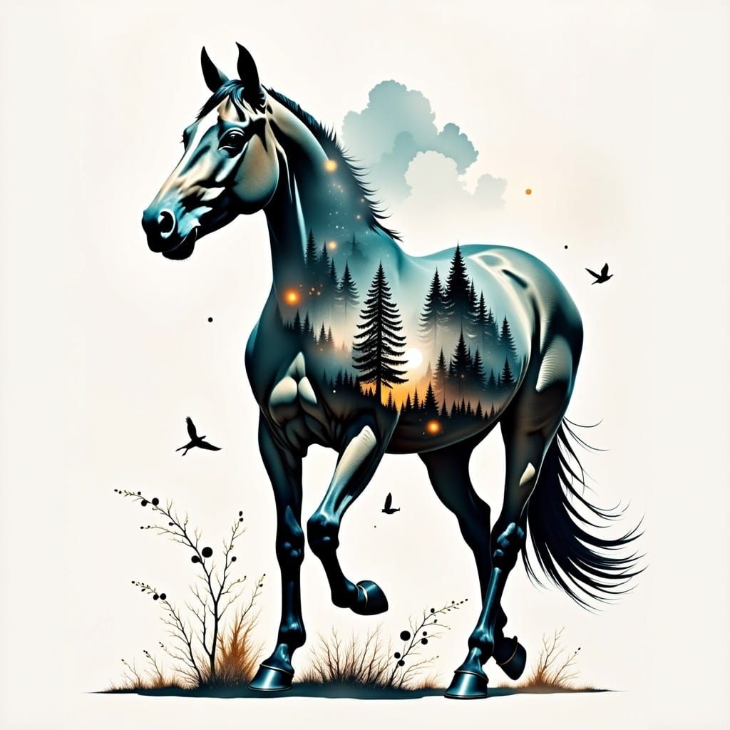 Horse <lora:Dreamweave Flux:1.0> Journey Double exposure Adventure Collage Dreams 