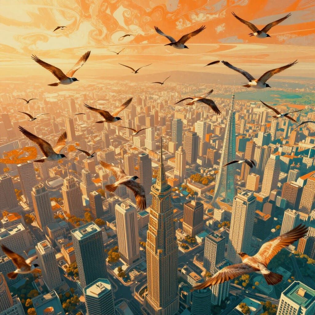 Aerial Flock of Birds Over Bustling Cityscape