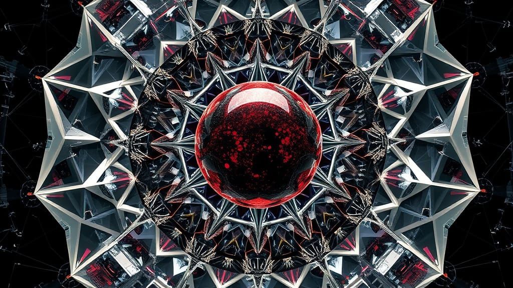 Quantum computer simulation of the universe, abstract constructivist geometry, central glowing sphere, transparent 3D structures, coarse bla...