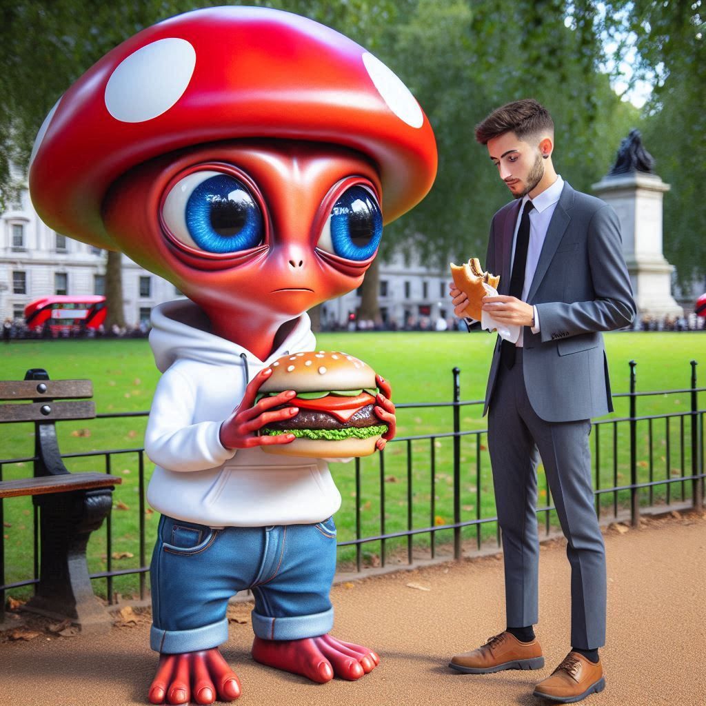 Cute but odd alien having lunch with realistic friend'
