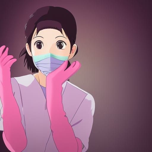 Illustration of a cute female dentist wearing pink gloves in...