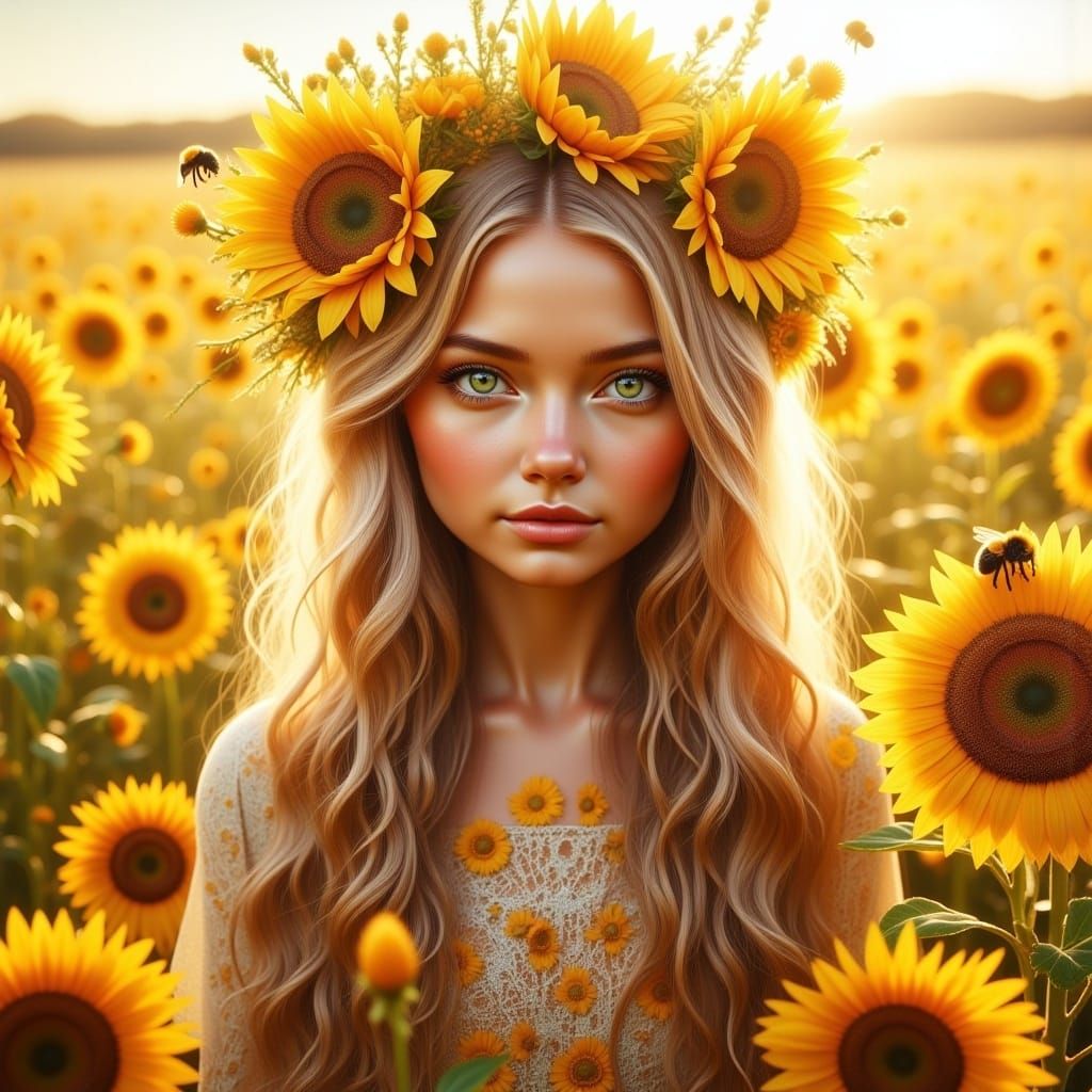 <lora:Illuminate:1.0> digital painted art, whimsical adorable close up female flower child boho hippy dressed in disheveled boho clothing ,...