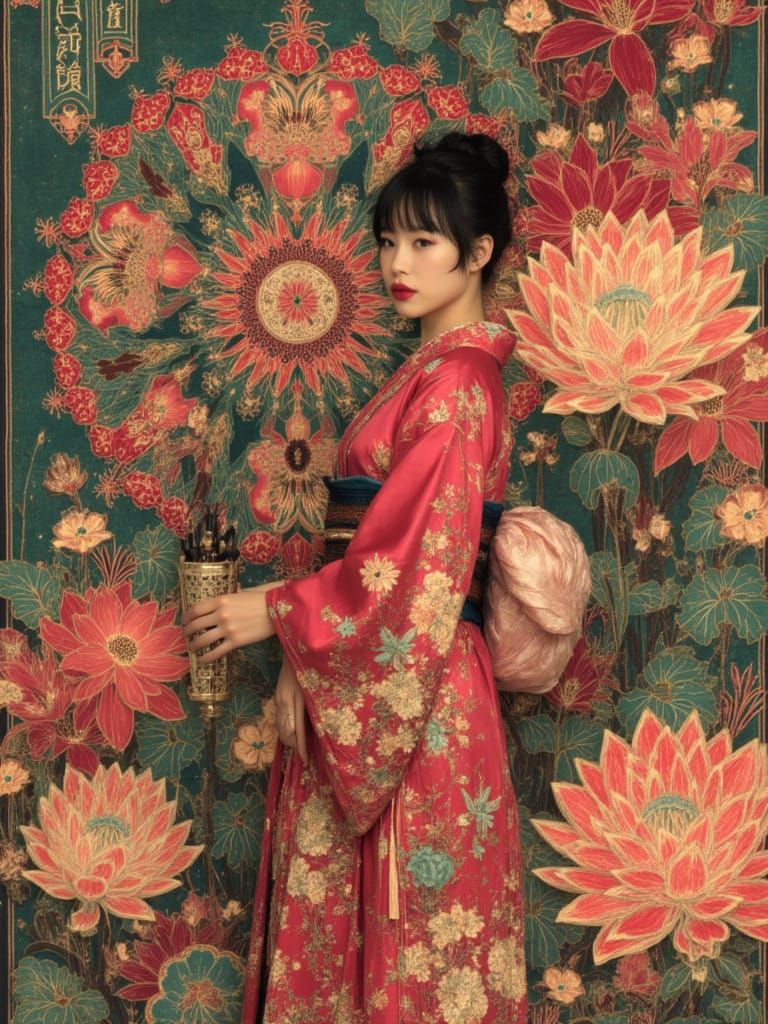 Stunning, ((brightly coloured Japanese kimono)), seasonal motif, traditional design <lora:Geo Nouveau:1.0>