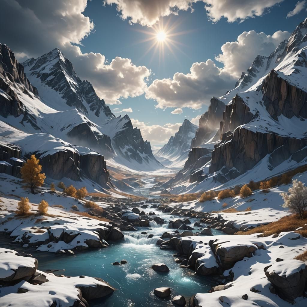 Snowy Mountains and Stream in Fantasy Art Style