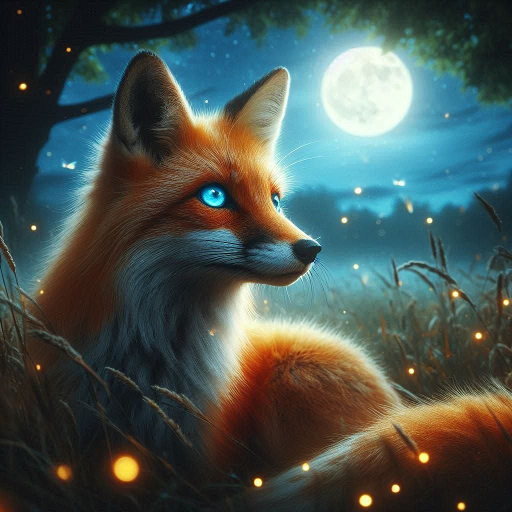 Красивая лиса с голубыми глазами играет в поле при лунном св...