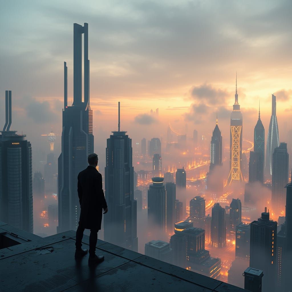 A lone figure stands on a rooftop overlooking a vast, futuristic cityscape at dawn. The city is a symphony of towering chrome structures and...