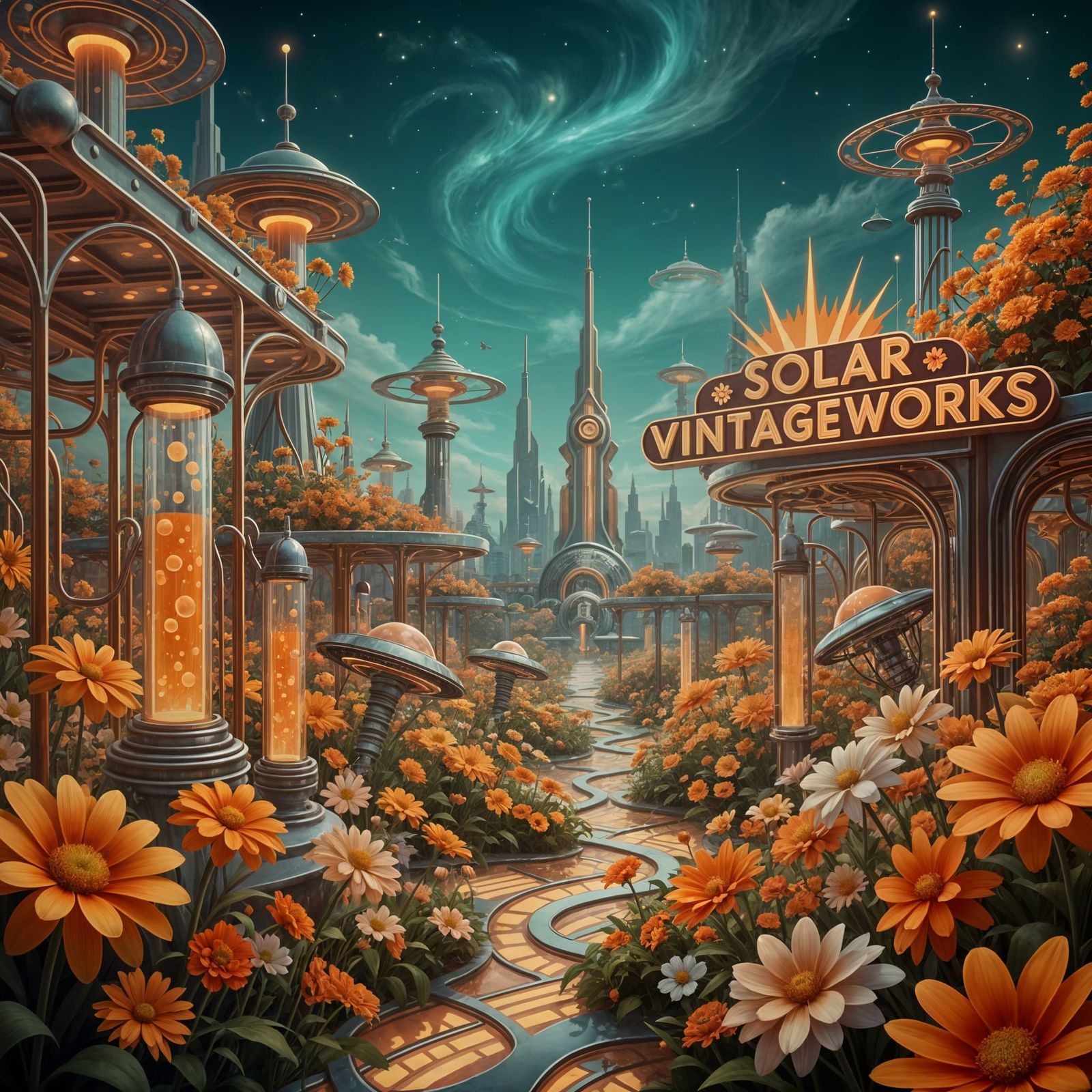 Solar Vintageworks: a garden with blooming blossoms featuring multiple shades of Orange / Nano Banana