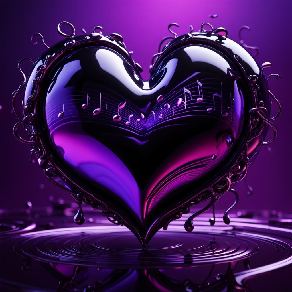 A metal liquid black and purple heart twined together, with ...