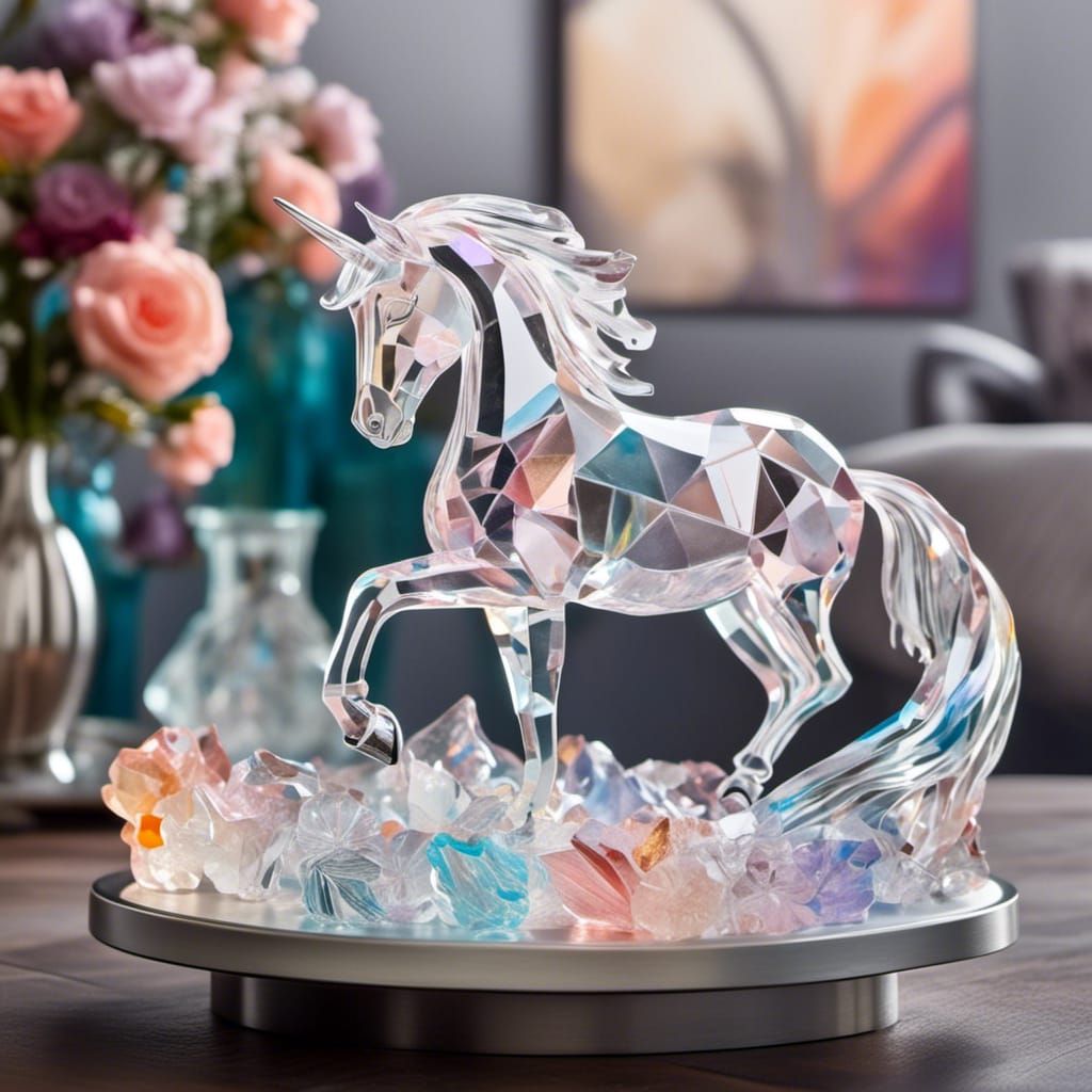 A crystal unicorn <lora:Glass Art:1.0> , gleaming with rainbow light, prances on dainty silver hooves. It stands on a coffee table. art deco...
