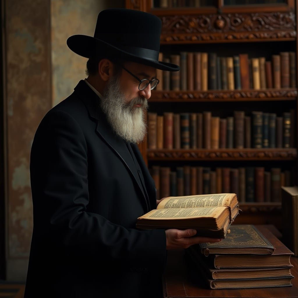 Orthodox Jew Contemplates Ancient Text in Cinematic Still