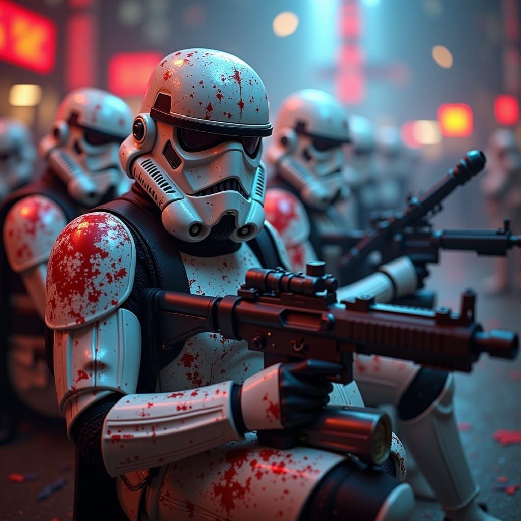 <lora:Ominous Flux:1.0> Imperious stormtroopers, laser rifles, scrolling geometric code runes