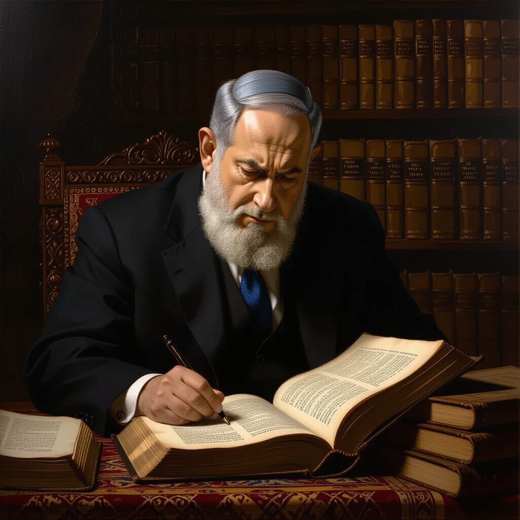 Benjamin Netanyahu Studying Talmudic Texts in Classical Styl...