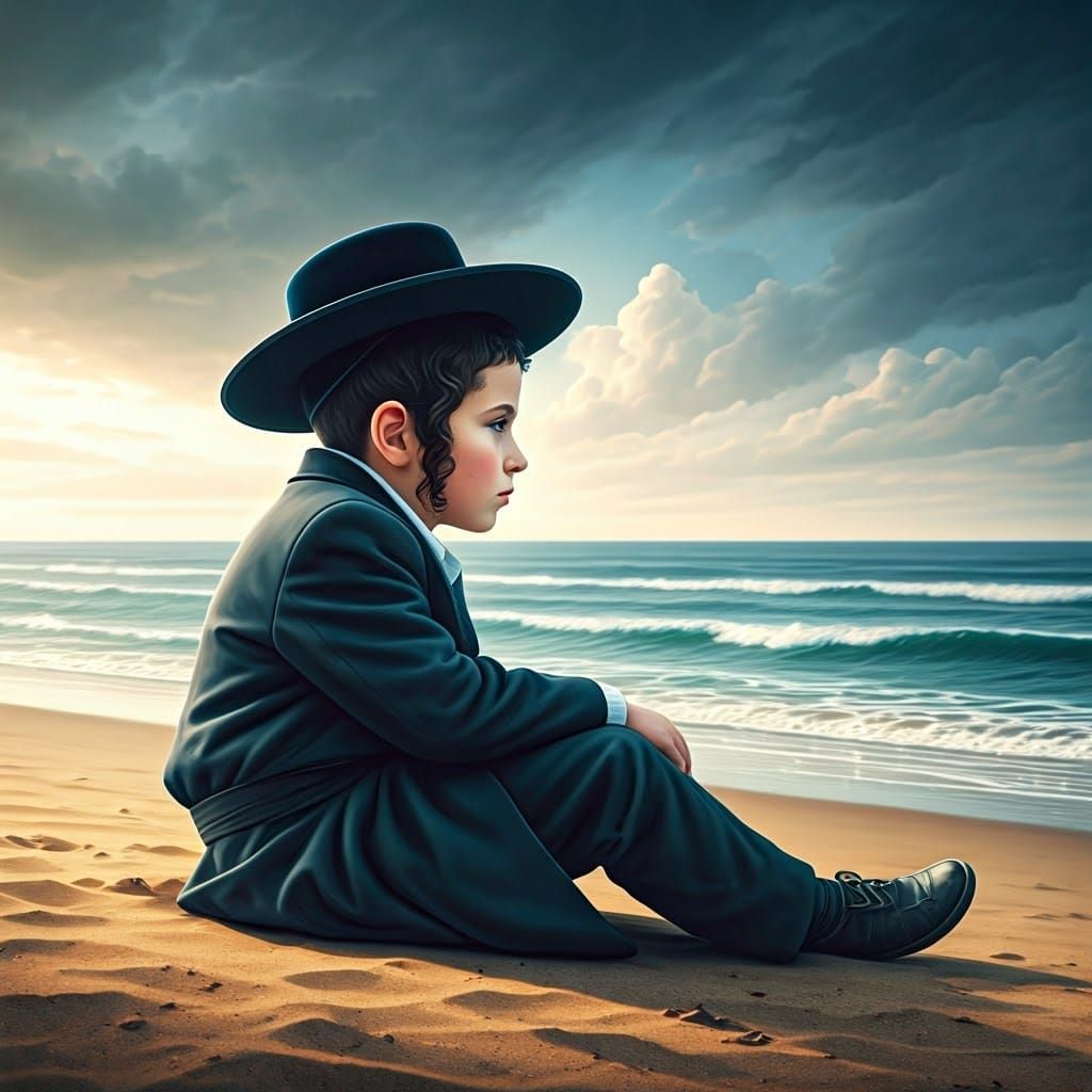 Young Hasidic Boy Contemplates the Endless Ocean in a Realis...