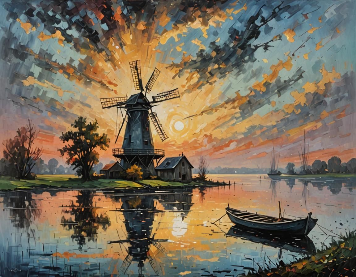 A windmill, and a boat at daybreak.   by @Sunil