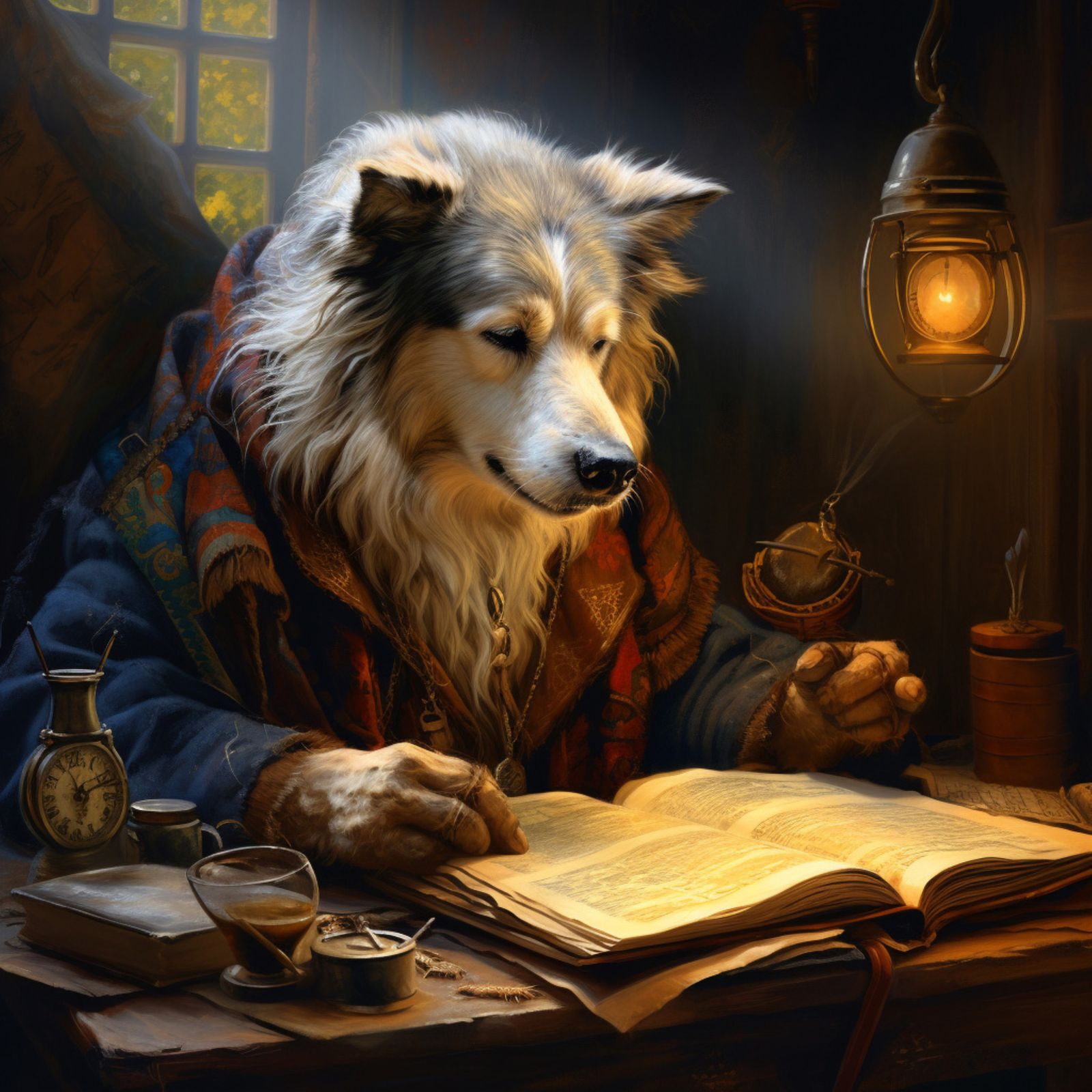 An old man with the head of an old dog reads an ancient book...