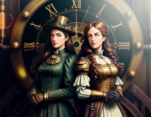 2 females wearing identical uniforms, staning in a steampunk...