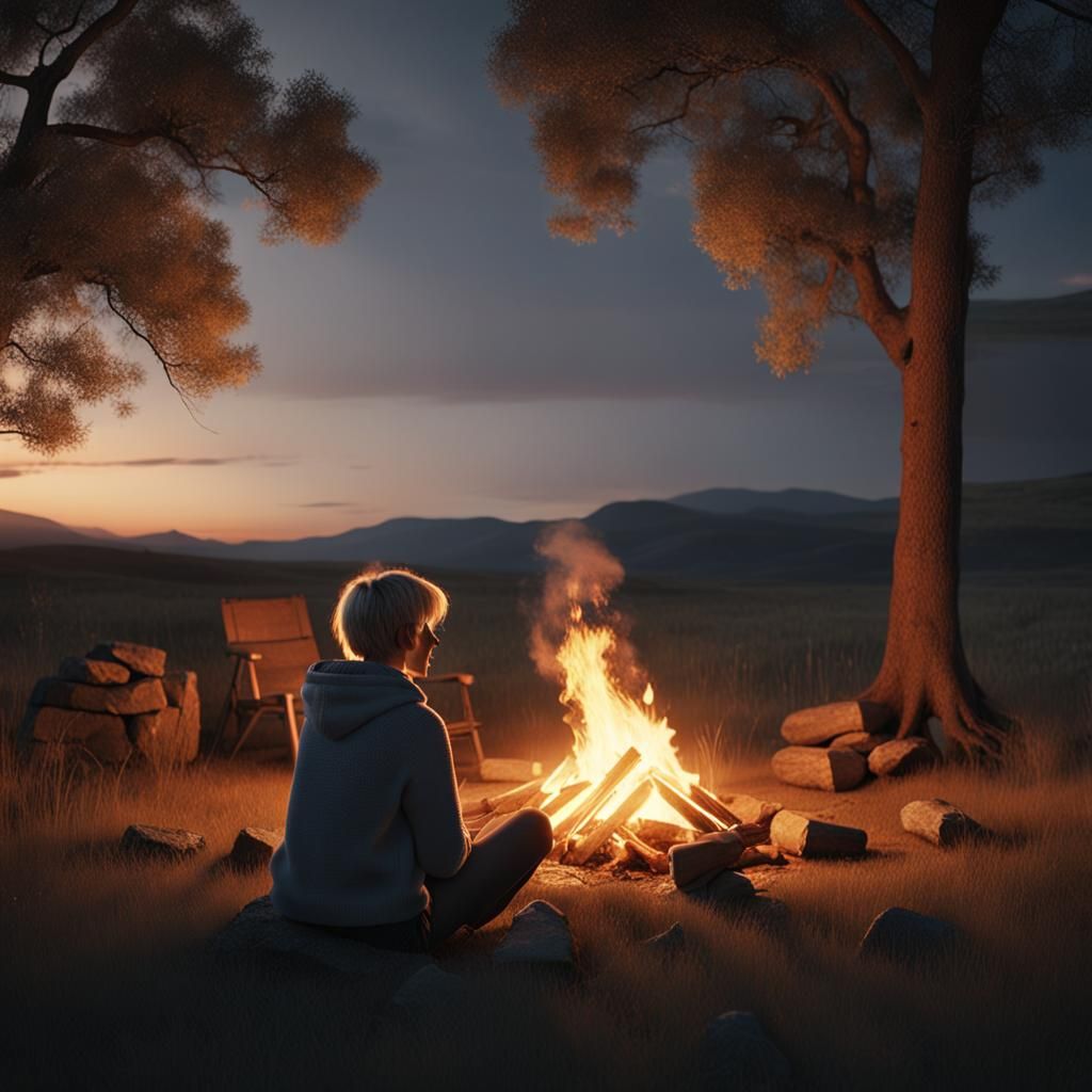 A young woman sitting by a campfire