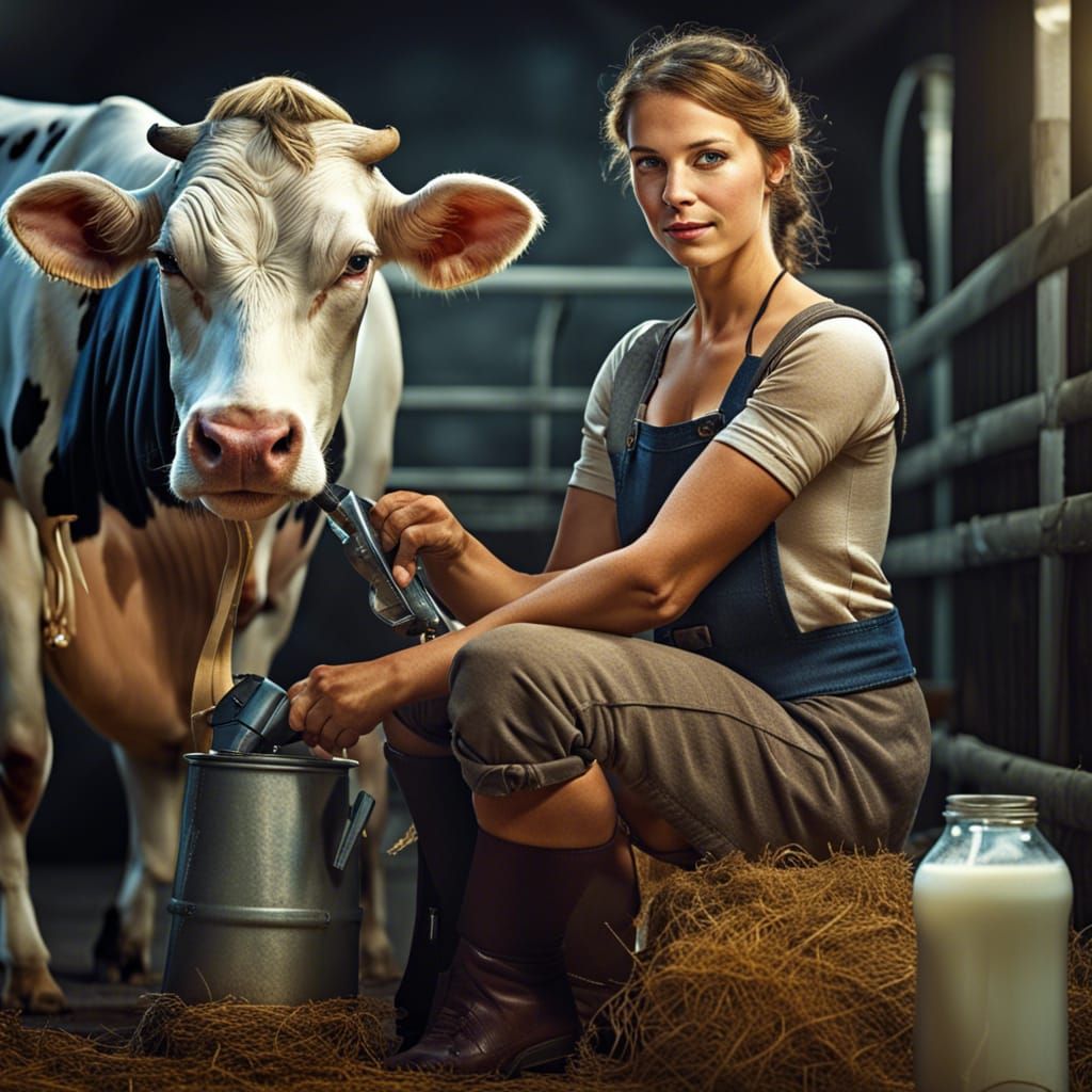 a-beautiful-woman-a-cow-farmer-milking-a-cow-ai-generated-artwork