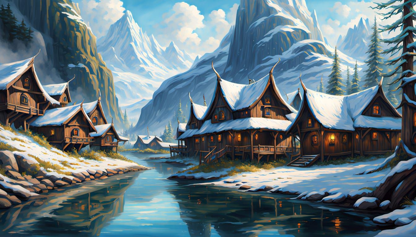 vibrant oil painting. an elven village filled with  intricately decorated and ornamented wooden buildings by a fjord. The  buildings blend i...