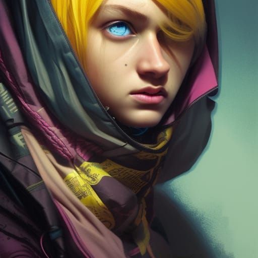 A Hooded girl with dark brown skin and scares with neon pink...