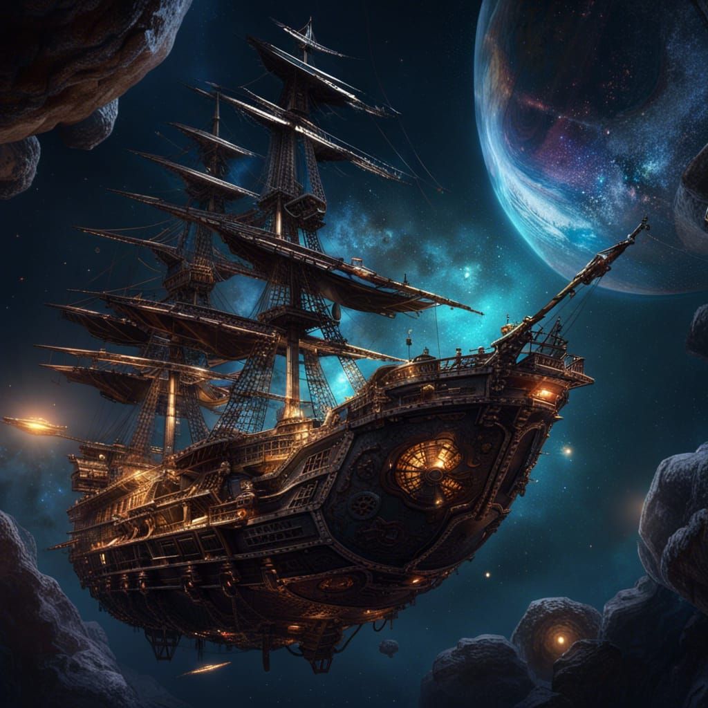 Pirate ship in space, space, cosmos, ship, pirate, a masterpiece, 8k resolution, dark fantasy concept ...  by @SickenedMaggot