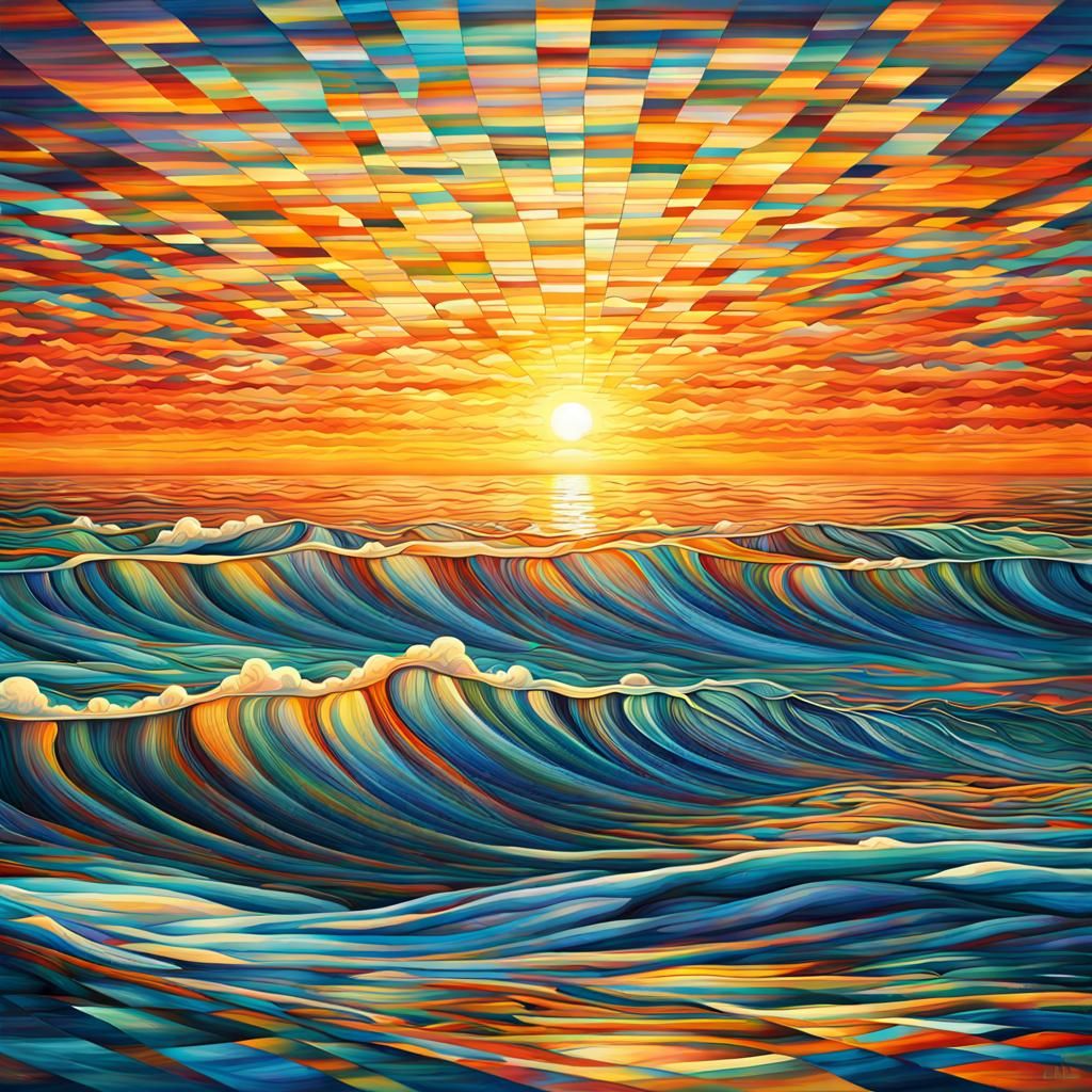 Ocean Plaid Pattern at Sunset: Hyperrealistic Winter Scene