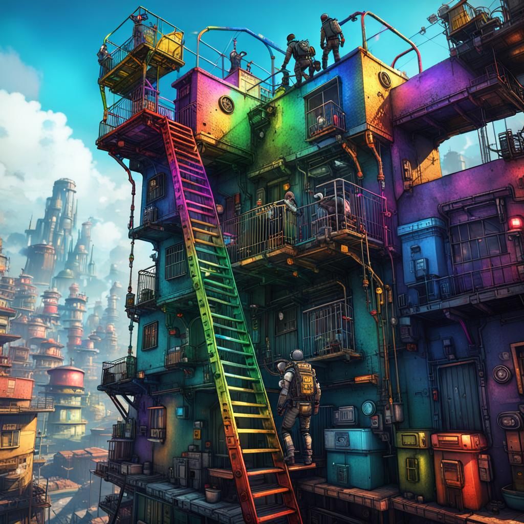 Two men climbing a rainbow ladder high above a favela metal cyberpunk ...