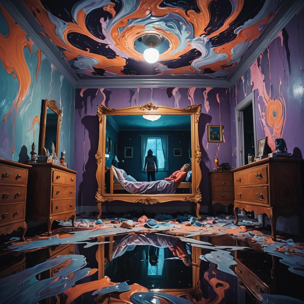 surreal astral projection ultimate dark vibes gloomy light hq 4k nightmare reality Upsidedown  bedroom 50/50 twin world mirror reflection un...