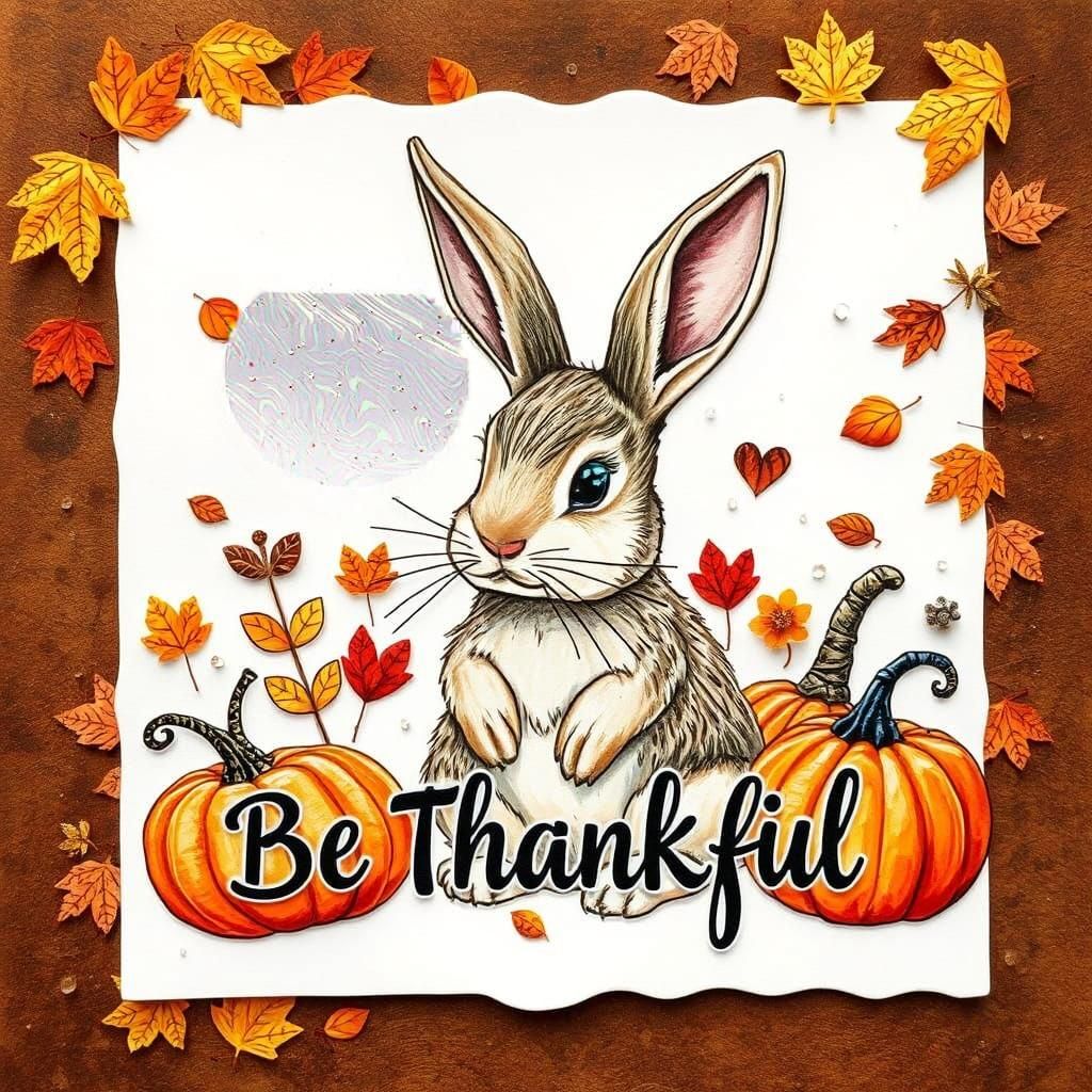"Be Thankful" with a cute rabbit, leaves and pumpkins, 