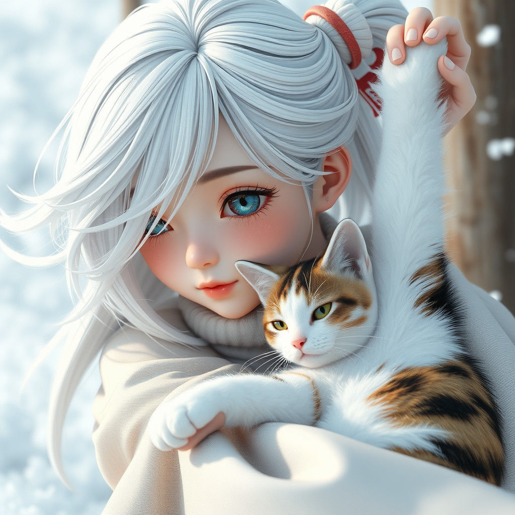 Girl with Calico Cat in Snowy Kyoto Anime Style
