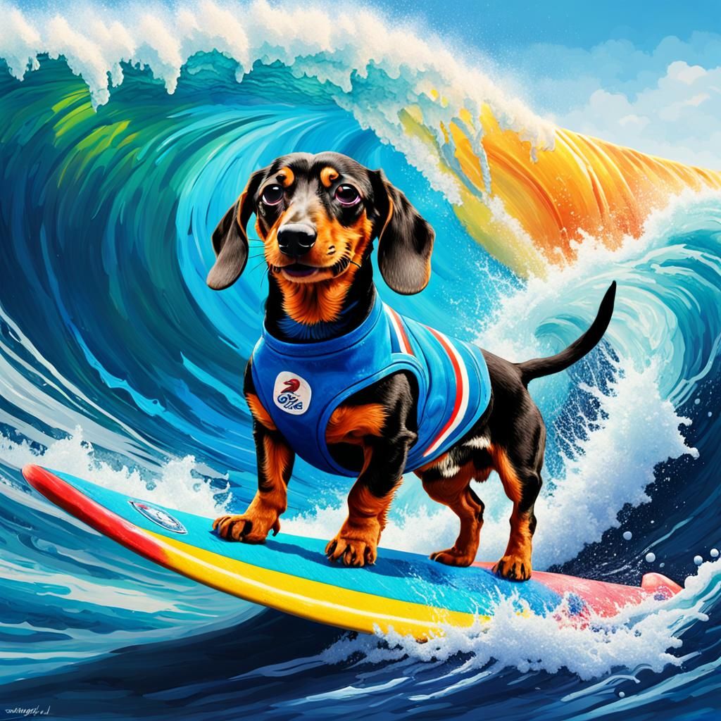 A dachshund surfing a giant wave, digital art, wearing a Paris 2024 Olympic uniform Hyperrealistic, splash ...  by @JOSE EDUARDO CUNHA SANTOS