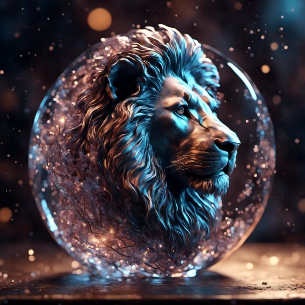 <lora:Mnemcore:1.0> Fully transparent Glass lion made of sta...