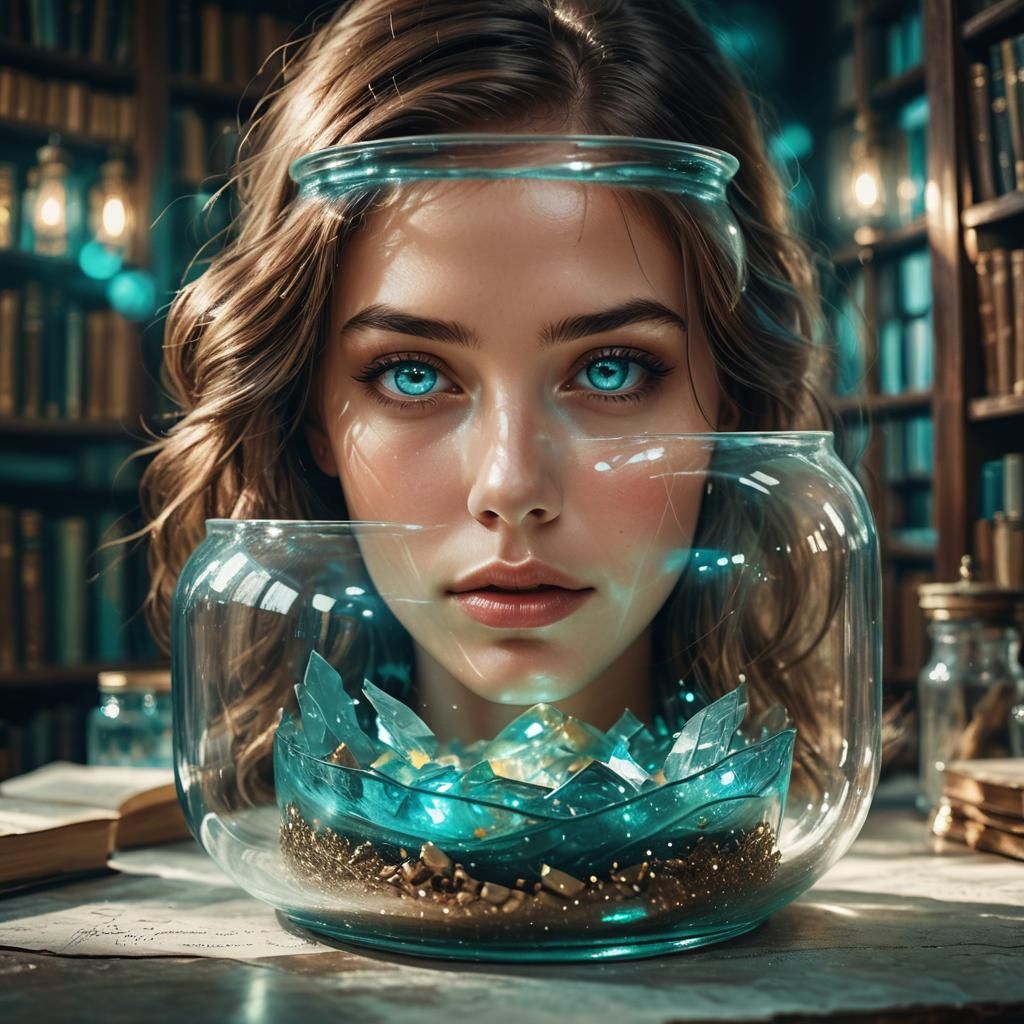 Woman's Face in Jar with Turquoise Eyes