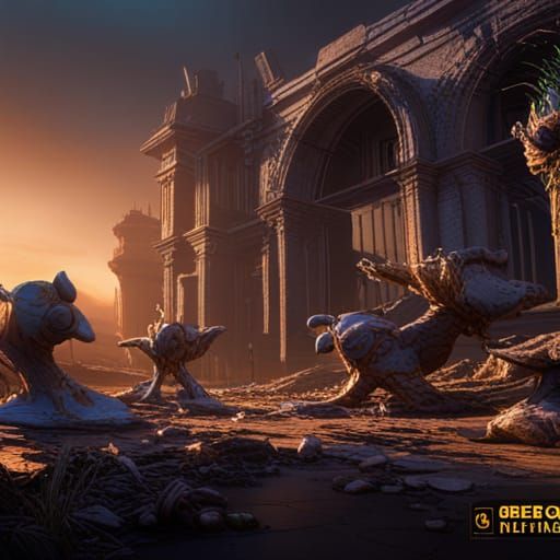 Guerreros en ruinas estelares con aliens peleando en tres pl...