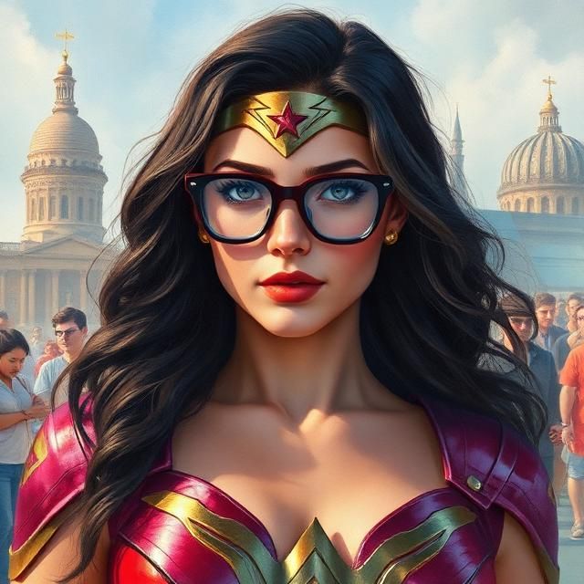 MONALISA WEARING GLASSES AS WONDER WOMAN..