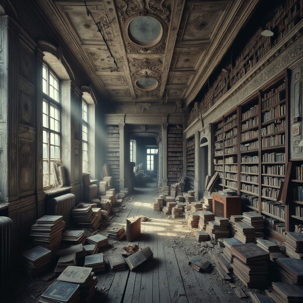  <lora:Abandoned for Flux:1.0>abandoned library interior 
