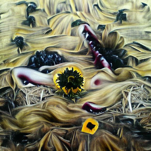 A single black dahlia grows in a field of sunflowers oil on ...