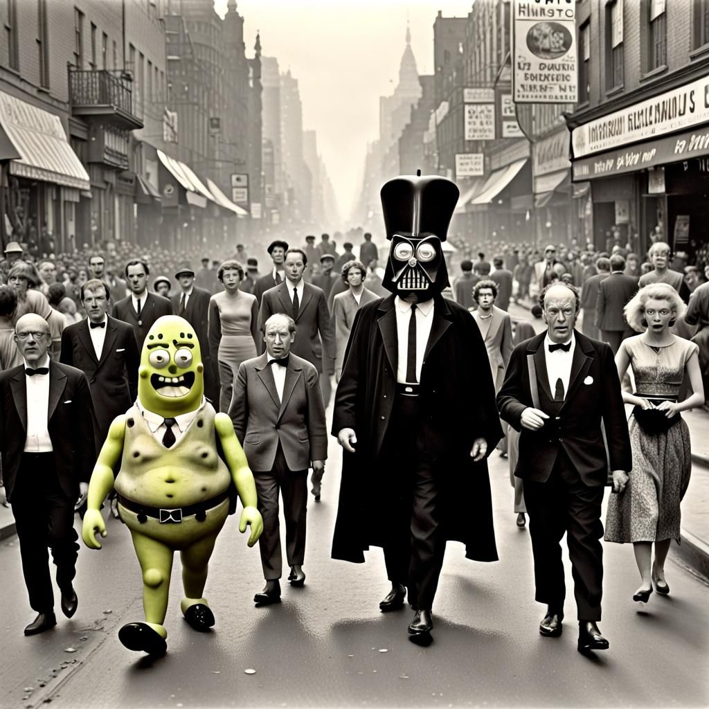 SpongeBob Darth Shrek Vader Ginger Punk walking down the busy street ...