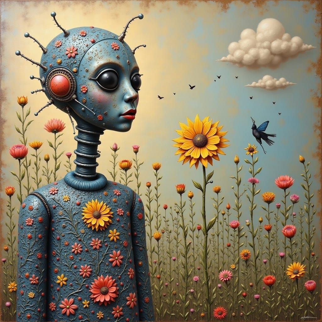 <lora:Cute Surreal Robot:1.0> oil on canvas, surreal, folk-art, zentangle, turtle neck sweater, aboriginal,