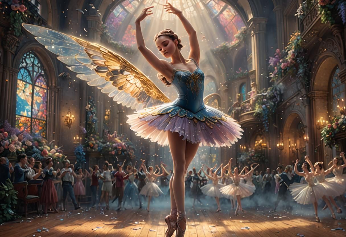 Dancing ballerina with wings posing in a ballet end of dance...