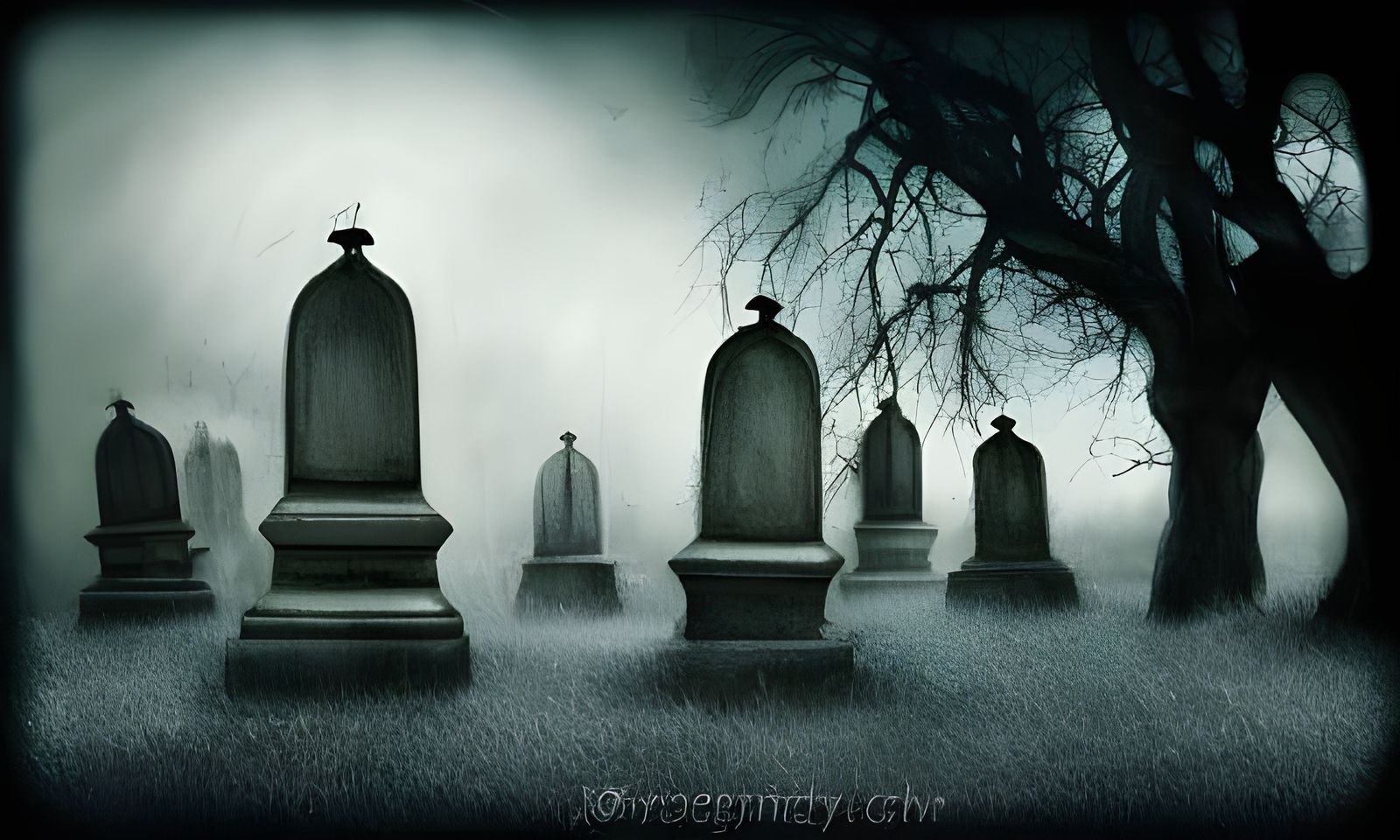 Ghouls in the Graveyard, headstones, cemetery, skeletons, ghosts, spooky, eerie, hazy, midnight, bright moonlight, by To...