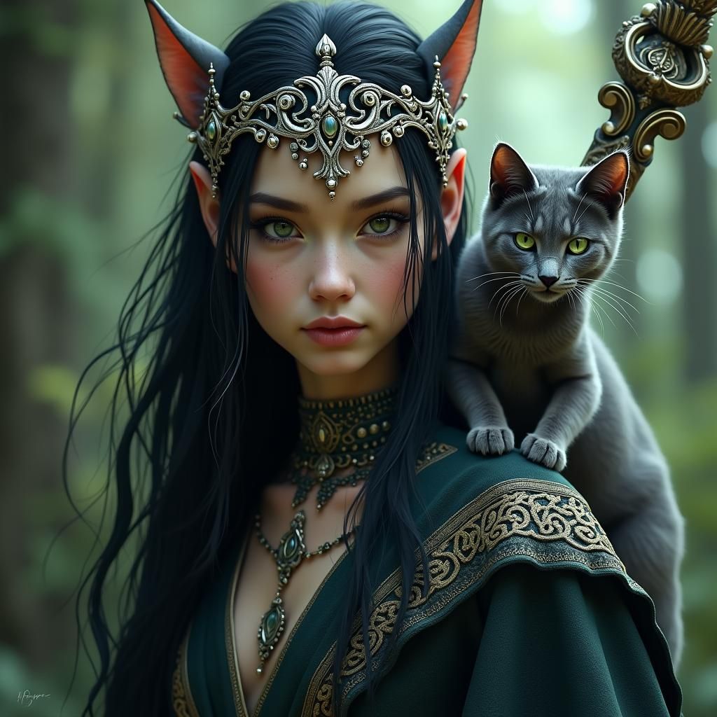 Himiko, an elf witch, petite with long black hair, green eyes, carries a staff and has a gray cat
