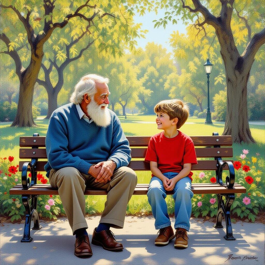 Elderly Man and Grandson on Park Bench