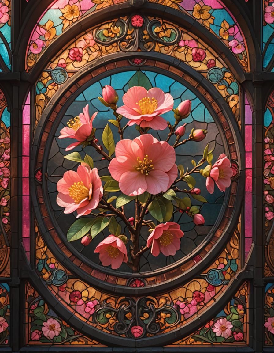 stain glass-square, small vibrant pink-flowering-quince flow...